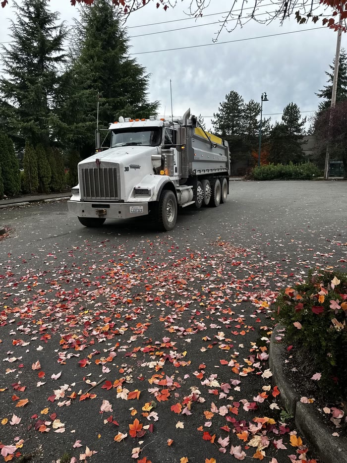 A white Kenworth dump truck parked on a wet lot scattered with red and orange autumn leaves.